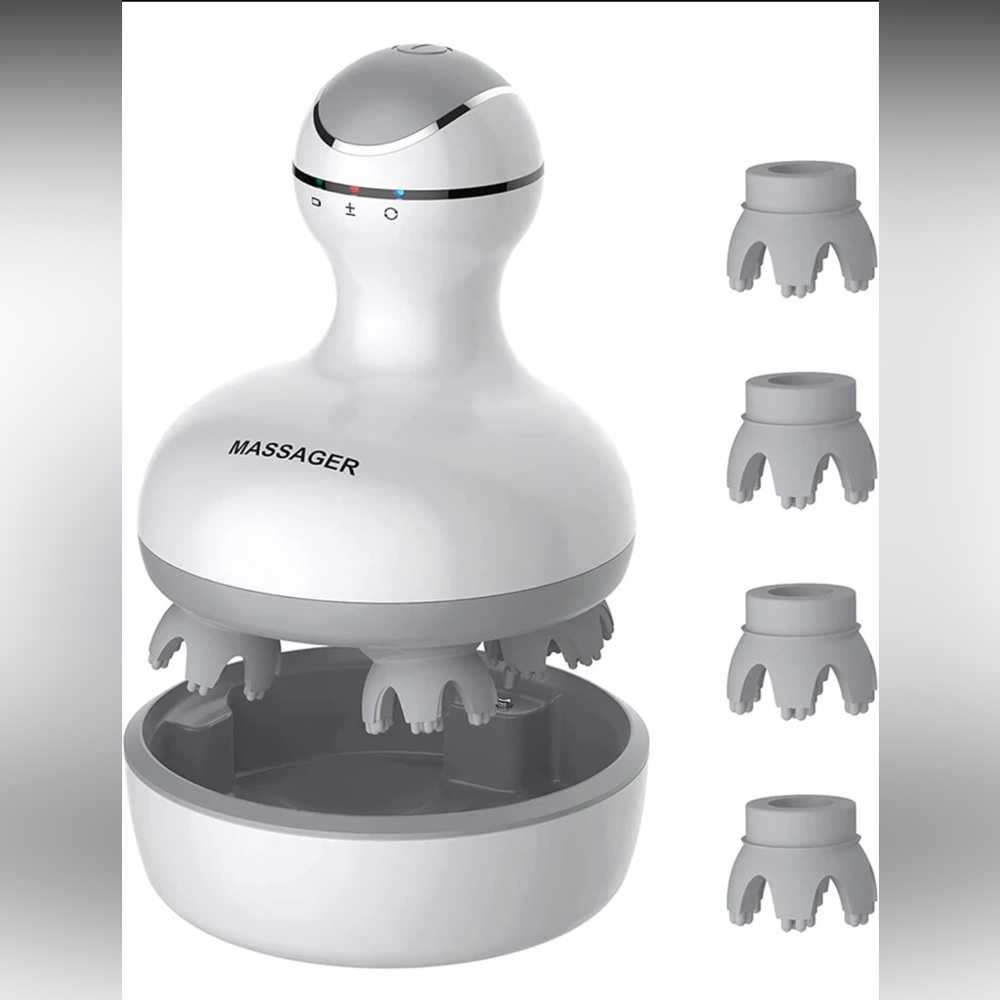 White Handheld Electric Scalp Massager with 4 Attachments
